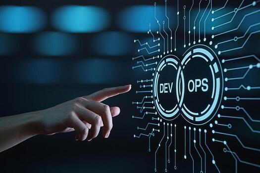 A human hand interacts with a digital interface displaying DevOps in a futuristic environment symbolizing automation and collaboration in software development fostering innovation and efficiency in te photo