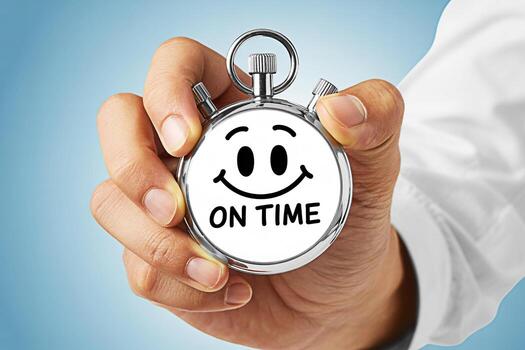 de cerca de un mano participación un sonriente cronógrafo en contra un azul antecedentes simbolizando puntualidad y hora administración enfatizando el importancia de siendo en hora para plazos y equipo con un correos foto