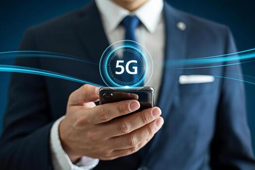 Sophisticated businessman in a suit using a smartphone with a 5G network symbol displayed showcasing advanced technology and connectivity in a modern business environment representing innovation and e photo