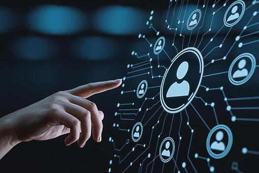 Human hand interacts with a digital interface displaying a network of interconnected user profiles in a dark futuristic environment representing connection social media and technological advancement photo