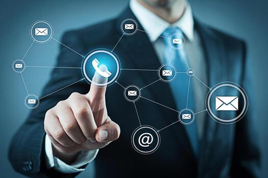 Businessman in a suit touching a digital interface with communication icons symbolizing connectivity and modern business solutions in a networked environment conveying a sense of innovation and effici photo