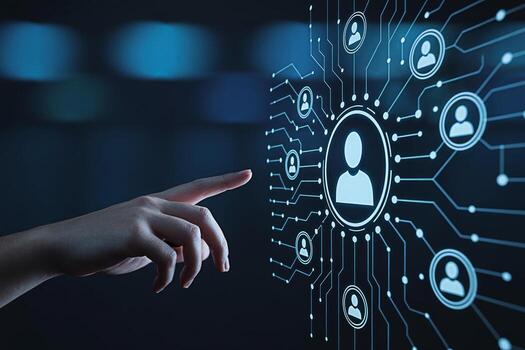 Human hand interacting with a digital interface displaying a network of user profiles in a dark environment representing connectivity social media and the future of communication with a modern and tec photo