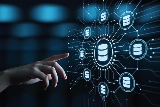 Human hand interacting with a digital database network on a dark blue background representing data management cloud computing and the interconnectedness of information in the modern digital age photo