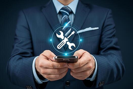 Sophisticated businessman in a suit using a smartphone app with a wrench and screwdriver icon symbolizing technical support and maintenance conveying a sense of modern technology and efficient problem photo