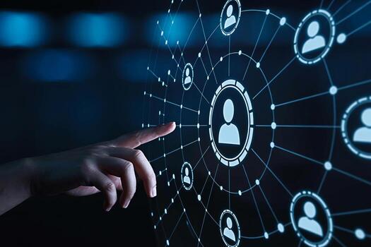 A hand interacts with a digital interface displaying a network of interconnected people icons in a dark futuristic environment representing connection communication and the concept of social networkin photo