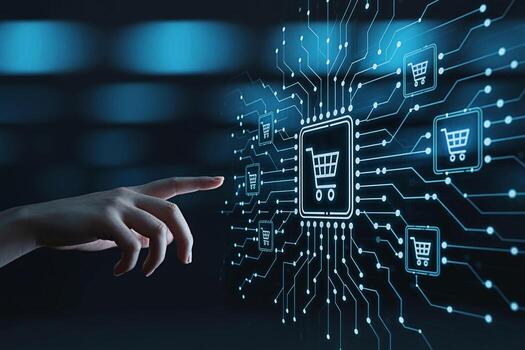Human hand interacts with a digital interface displaying shopping cart icons symbolizing online retail and ecommerce in a futuristic technologically advanced environment conveying innovation and conve photo