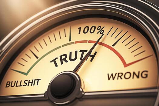 Closeup of a truth meter pointing to 100 in a conceptual setting symbolizing accuracy honesty and integrity in business politics and personal relationships with a focus on transparency and trust photo