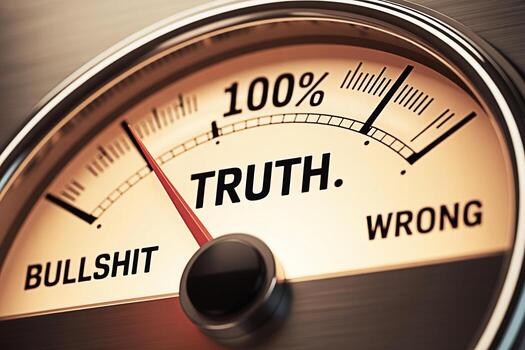 Closeup of a truth meter indicating 100 accuracy with the needle pointing towards Truth and away from Bullshit and Wrong symbolizing honesty integrity and the pursuit of factual information in a busin photo