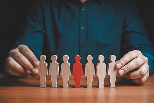 Manager selecting a unique red wooden figure from a row of plain ones on a wooden table symbolizing recruitment talent acquisition and standing out from the crowd in a competitive business environment photo