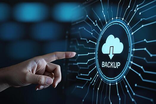 Human hand touching a digital screen displaying a cloud icon and the word BACKUP surrounded by circuit board patterns symbolizing data protection security and the importance of information backup in a photo