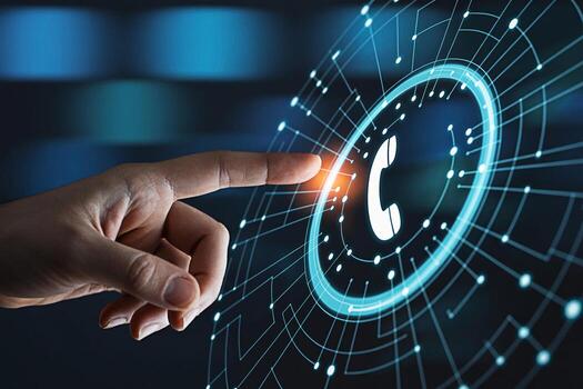 Human hand interacts with a glowing digital interface featuring a phone icon in a futuristic setting conveying a sense of modern communication and technological advancement in a connected world photo