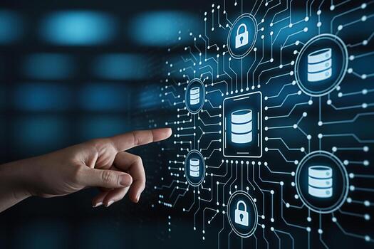 Human hand interacting with a digital interface displaying database icons and security locks in a futuristic hightech environment representing data protection cybersecurity and cloud computing solutio photo