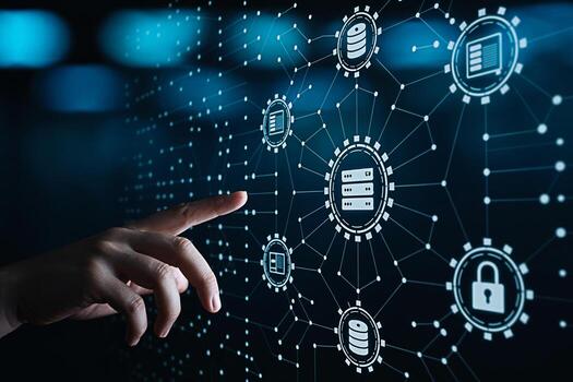 A hand interacts with a futuristic interface displaying database icons and network connections in a digital environment representing data management cybersecurity and innovative technology solutions photo