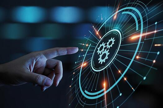 Human hand interacting with a digital interface featuring gears symbolizing automation and technology in a futuristic environment conveying a sense of innovation and progress in modern systems photo