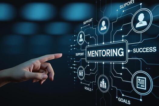 A hand interacts with a digital interface displaying the word Mentoring surrounded by icons representing support goals and success symbolizing guidance and professional development in a futuristic env photo