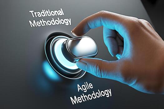 un mano torneado un brillante metálico mando Entre tradicional metodología y ágil metodología en un oscuro superficie ilustrando el concepto de elegir el Derecha proyecto administración Acercarse para éxito foto