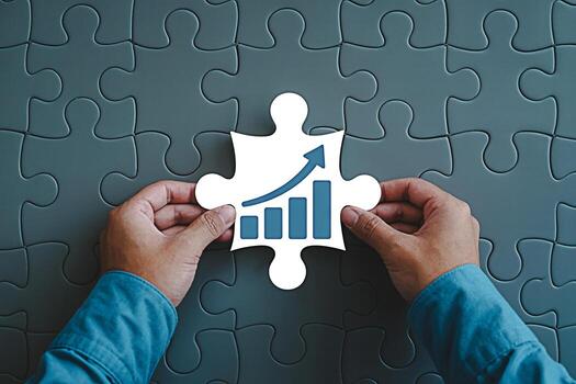 Hands placing a puzzle piece with a growth chart on a gray puzzle background symbolizing business strategy and problemsolving to achieve success and positive financial performance in a competitive mar photo