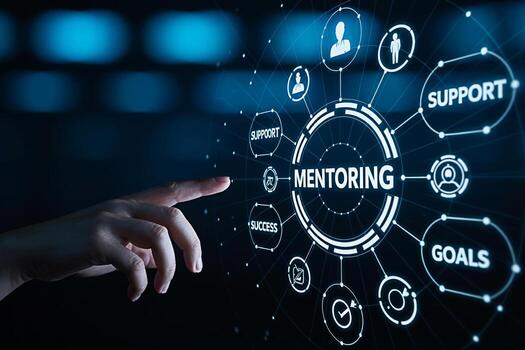 A hand interacts with a digital interface displaying the concept of mentoring highlighting support success and goals in a futuristic technologydriven environment symbolizing guidance and achievement photo