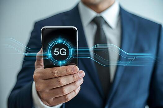 Elegant businessman showcasing 5G technology on a smartphone in a professional setting representing cuttingedge communication and highspeed connectivity for business applications and modern innovation photo
