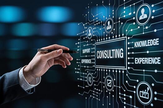 Consultant pointing to a digital interface with consulting icons highlighting support experience and knowledge in a modern techdriven environment symbolizing expertise and strategic solutions photo