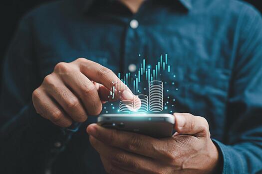 Man using a smartphone to analyze financial data and investment growth with a digital illustration of rising coins and a stock market chart overlayed representing wealth management and successful trad photo