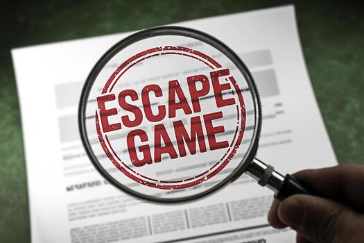 Hand holding a magnifying glass over an Escape Game document on a green table symbolizing mystery problemsolving and the thrill of interactive entertainment ideal for promoting escape rooms and puzzle photo
