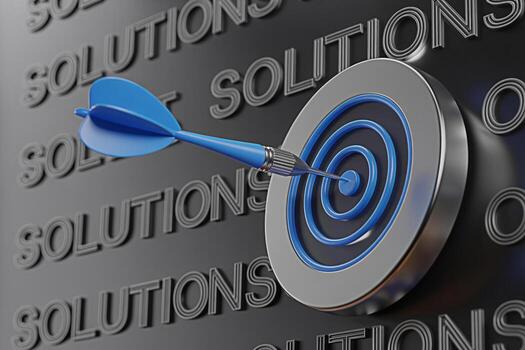 A blue dart hitting the bullseye on a target surrounded by the word Solutions in a dark textured environment symbolizing precision success and the achievement of business goals with strategic solution photo