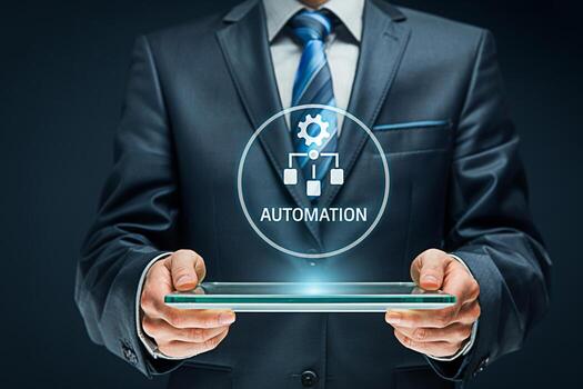 Sophisticated businessman in a dark studio setting presenting a digital tablet displaying an automation process icon symbolizing efficiency and technological advancement in business operations photo