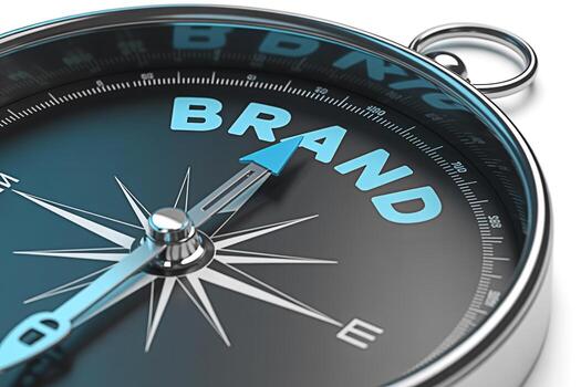 Closeup of a compass pointing towards the word Brand on a dark background symbolizing strategic direction and brand development creating a sense of focus and business success in a competitive market photo