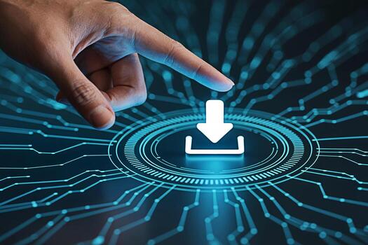 Human finger pressing a glowing download icon on a futuristic circuit board background symbolizing data transfer connectivity and the ease of accessing information in the digital age photo