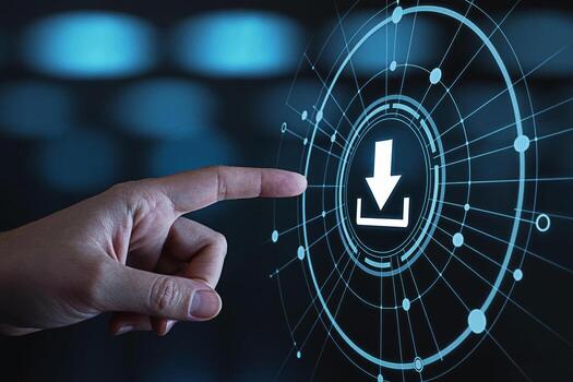 A finger presses a download button on a futuristic interface with glowing blue lights symbolizing data transfer and technological advancement in a modern digital environment creating a sense of innova photo