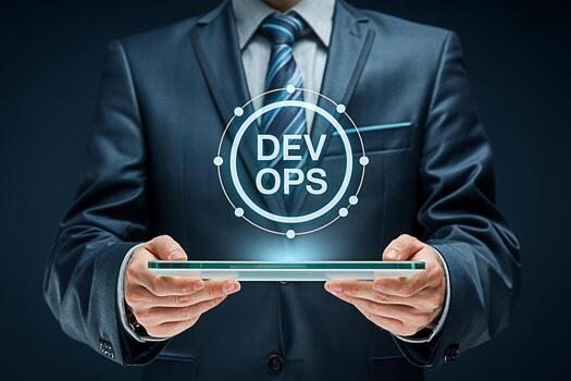 profesional empresario en un traje presentación un devops concepto en un transparente tableta en un corporativo ajuste simbolizando innovación eficiencia y moderno tecnología para software desarrollo y eso op foto