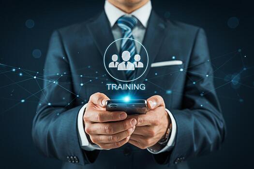 Sharp dressed businessman using a smartphone with a training icon and network connections in a digital environment conveying a sense of modern corporate learning and development photo