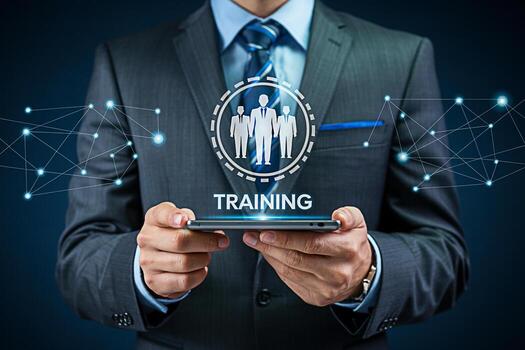 Confident businessman in a suit holding a smartphone displaying a training icon symbolizing professional development and corporate learning in a modern digitally connected environment fostering a sens photo