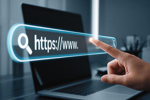 Closeup of a hand clicking on a glowing search bar on a laptop screen in a modern office symbolizing online search internet browsing and access to information for business and personal use photo