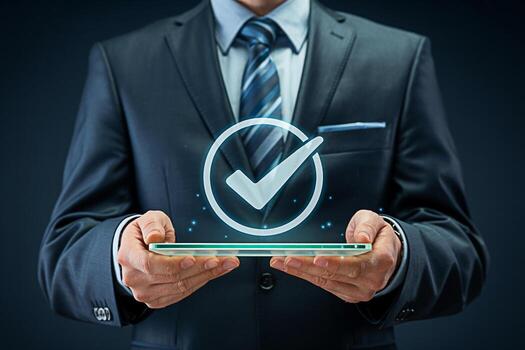 Confident businessman in a suit holding a transparent tablet displaying a glowing checkmark symbolizing approval and success in a modern technologically advanced business environment photo