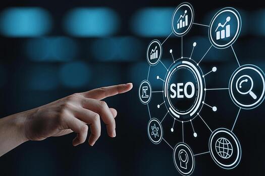 Human hand interacting with a digital SEO interface on a dark blue background symbolizing optimization and growth representing modern technology and the importance of search engine optimization for bu photo