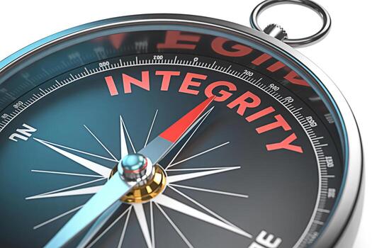 de cerca de un Brújula señalando hacia integridad en un brillante limpiar ambiente simbolizando ético Guia moral Brújula y el importancia de honestidad y fuerte principios en Toma de decisiones foto