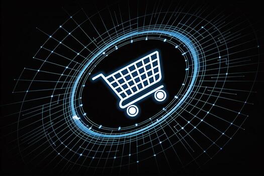 Glowing shopping cart icon navigating a digital network symbolizing ecommerce and online retail in a futuristic interconnected environment conveying a sense of modern convenience and technological adv photo