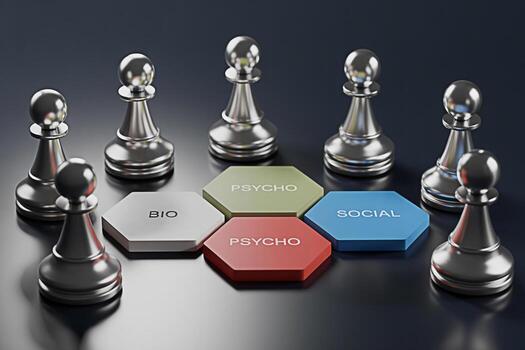 Strategic chess pawns surrounding bio psycho social hexagonal blocks on a dark reflective surface representing a multidisciplinary approach to mental health and wellbeing creating a sense of thoughtfu photo