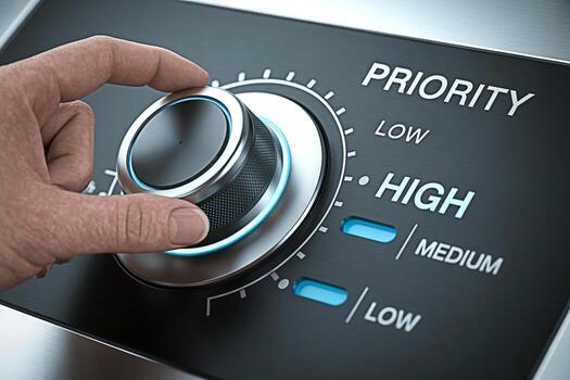 de cerca de un mano ajustando un prioridad mando en un pulcro moderno dispositivo enfatizando el importancia de priorización y Toma de decisiones en un acelerado negocio ambiente simbolizando controlar y atención foto