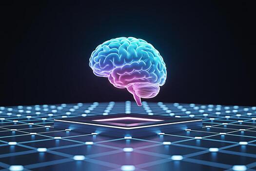 Glowing human brain floats above a futuristic platform in a dark environment representing artificial intelligence machine learning and the future of technology with a sense of innovation and progress photo