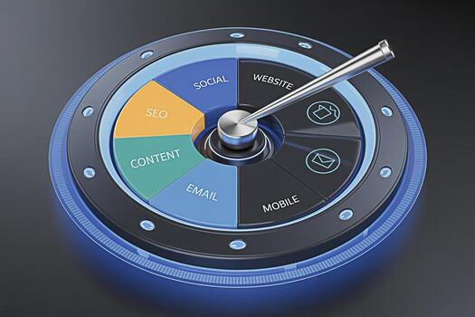 Illuminated marketing wheel with a metal pointer landing on website and social media icons showcasing a comprehensive digital strategy in a modern techdriven environment conveying a sense of innovatio photo