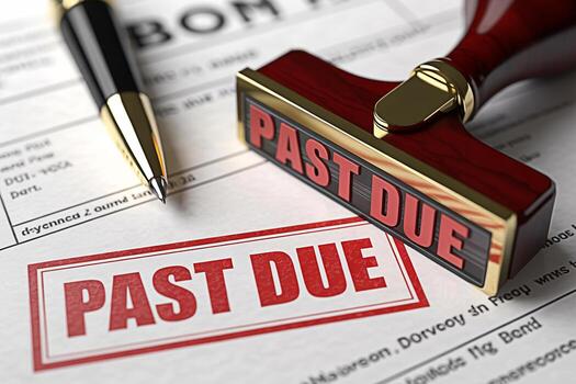 Closeup of a past due invoice with a pen and a rubber stamp on a desk symbolizing financial problems and the urgency of payment creating a sense of anxiety and concern for businesses and individuals photo