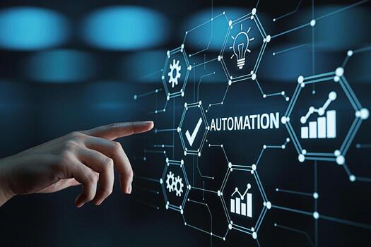 Human hand interacting with a digital screen displaying automation icons in a futuristic interface representing efficiency innovation and the integration of technology in modern business processes for photo
