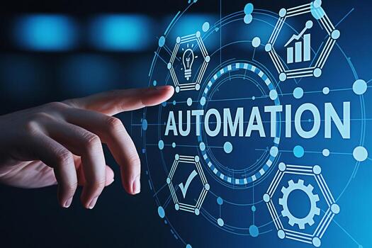 Human finger activates automation interface on a digital screen showcasing business process optimization efficiency and technological advancement in a modern futuristic environment conveying innovatio photo