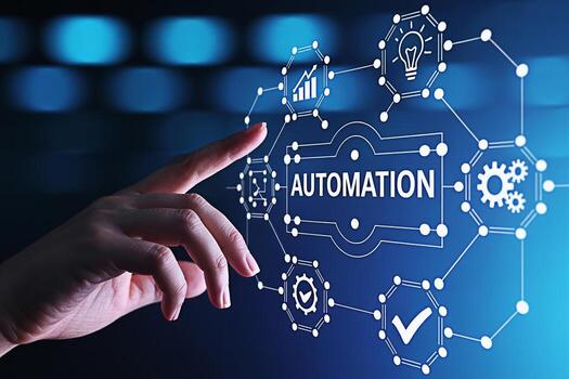 A persons hand interacting with a digital interface displaying the word AUTOMATION surrounded by icons representing data analysis ideas and processes on a blue background symbolizing technological adv photo