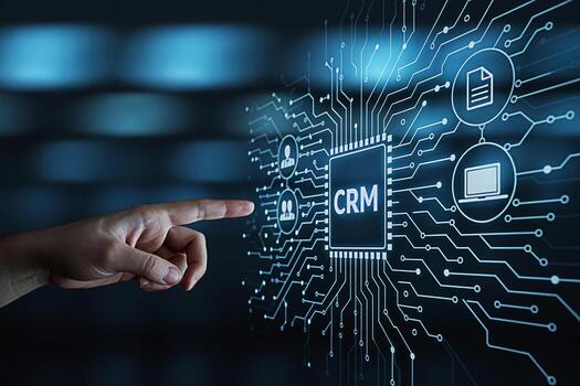Human hand interacting with a digital CRM interface in a modern tech environment highlighting customer relationship management and technological advancement with a futuristic and innovative feel photo