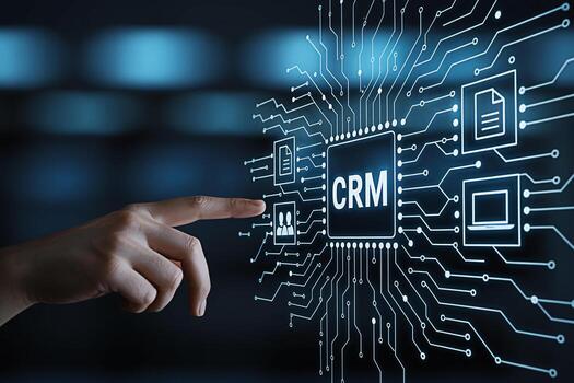 Human hand interacting with a digital CRM interface in a futuristic environment showcasing customer relationship management and advanced technology with a focus on efficiency and datadriven solutions photo