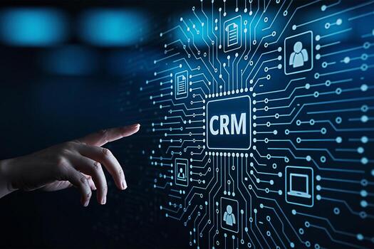 A hand interacts with a digital CRM interface navigating through data streams and icons on a futuristic blue circuit board symbolizing customer relationship management and technological advancement photo
